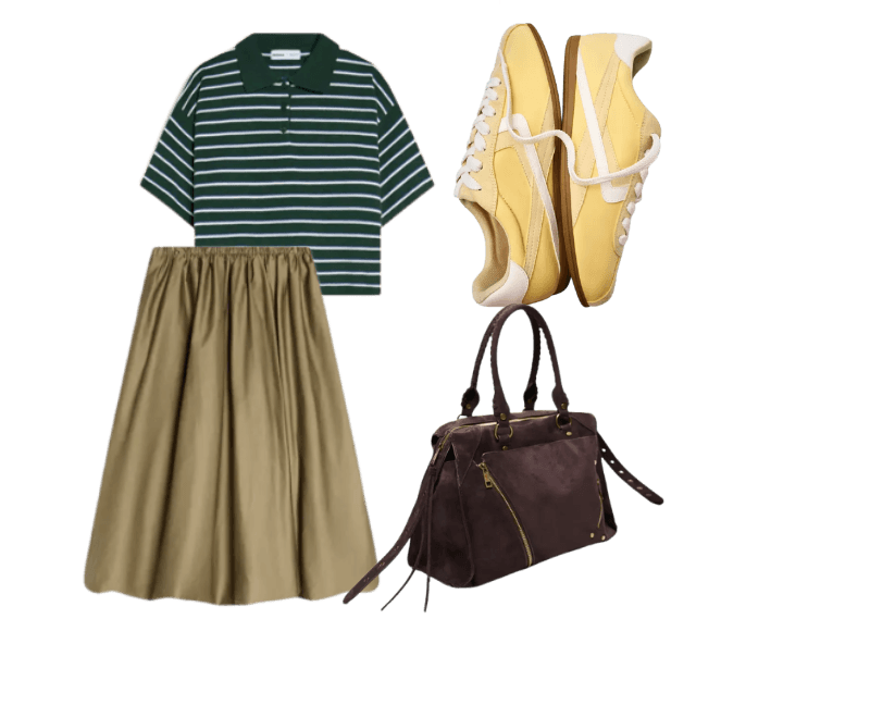 Tênis de sola fina ; Suéter gola polo listrado ; Saia midi balonê ; Bolsa bowling faux suede soft