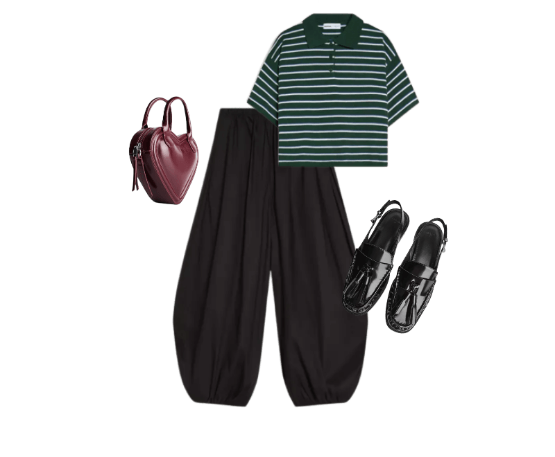 Mocassim tipo mule com tassel ; Suéter gola polo listrado ; Calça bloomer de popelina ; Bolsa mini de coração