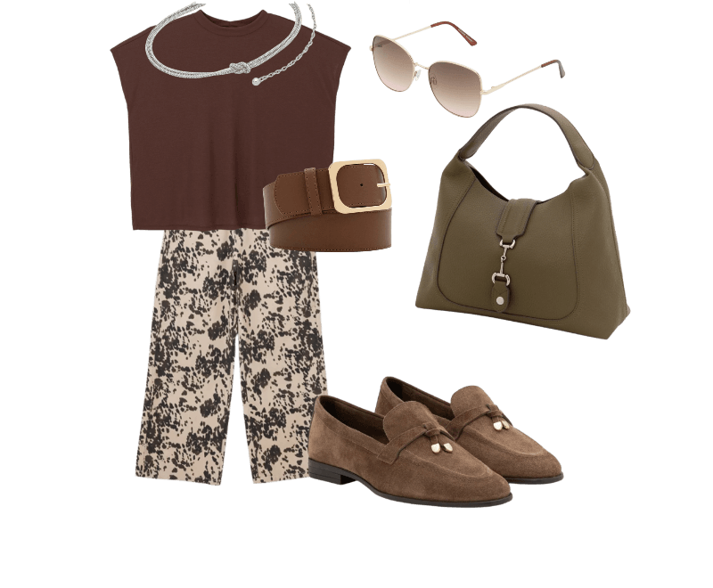 Blusa Básica Em Ribana E Sem Cava Curve & Plus Size Marrom Café ; Mocassim Em Couro Camurça Com Ponteira Metálica Marrom ; Bolsa Hobo Média Com Necessaire Verde ; Cinto Médio Em PU Com Fivela Quadrada Marrom ; Cinto Estreito Em Metal Com Strass E Nó Prata ; Óculos De Sol Quadrado Em Metal E Lentes Degradê Dourado ; Calça Wide Leg em Sarja com Estampa de Animal Print Vaca Curve & Plus Size