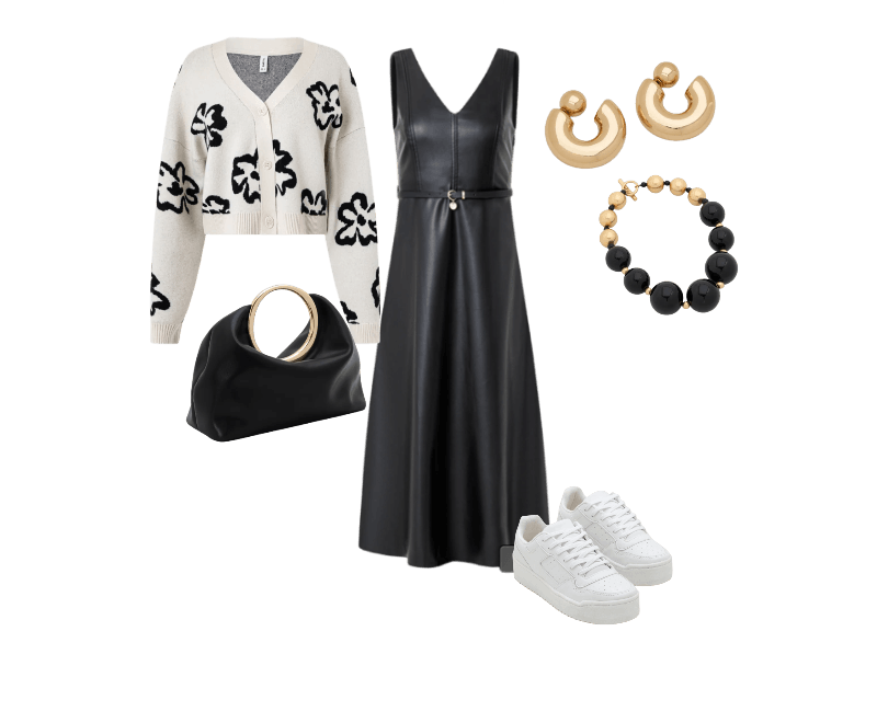 Tênis Cano Baixo com Recortes e Sola Texturizada Branco ; Brinco Argola Bold com Tarraxa de Esfera Dourado ; Colar Maxi com Esferas Resinadas Preto/Dourado ; Cardigan em Jacquard com Botões e Flores Bege Claro ; Vestido Evasê Midi em PU com Decote V e Cinto Fino Preto ; Bolsa de Mão em PU com Alça de Mão Oval