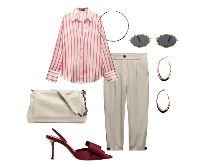 CALÇA BARREL PUNHO BAINHA ; SAPATO DE SALTO  ; CAMISA ACETINADA ; COLAR CHOKER RÍGIDO ; ÓCULOS DE SOL OVALA COM JOIAS ; BRINCO DE ARGOLA OVAL