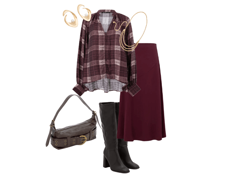 Brinco Médio Argola Frontal com Pérola Artificial Dourado ; Bolsa Baguete Média em PU com Detalhes Metalizados Marrom ; Bota Sock Boot em PU com Bico Quadrado e Salto Bloco Marrom ; Camisa em Chalis com Gola Padre e Estampa Xadrez ; Cinto Corrente Estreito com Pingentes de Medalha Dourado ; Saia Midi Evasê em Bengaline com Recorte Frontal Vermelho