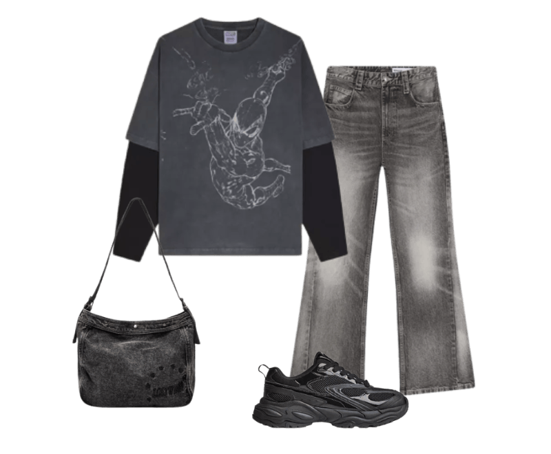 Jeans baggy boca de sino ; Tênis de solado alto ; Camiseta homem-aranha manga comprida estampa dupla ; Bolsa denim bordada