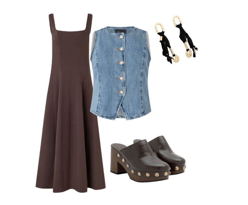 Vestido Evasê Midi em Viscose com Decote Quadrado e Recortes Marrom ; Sapato Mule Boho com Tachinhas Marrom ; Maxi Brinco com Detalhes em Metal e Formatos Geométricos Dourado-AC ; Colete Em Jeans Com Recortes E Botões De Brasão Médio