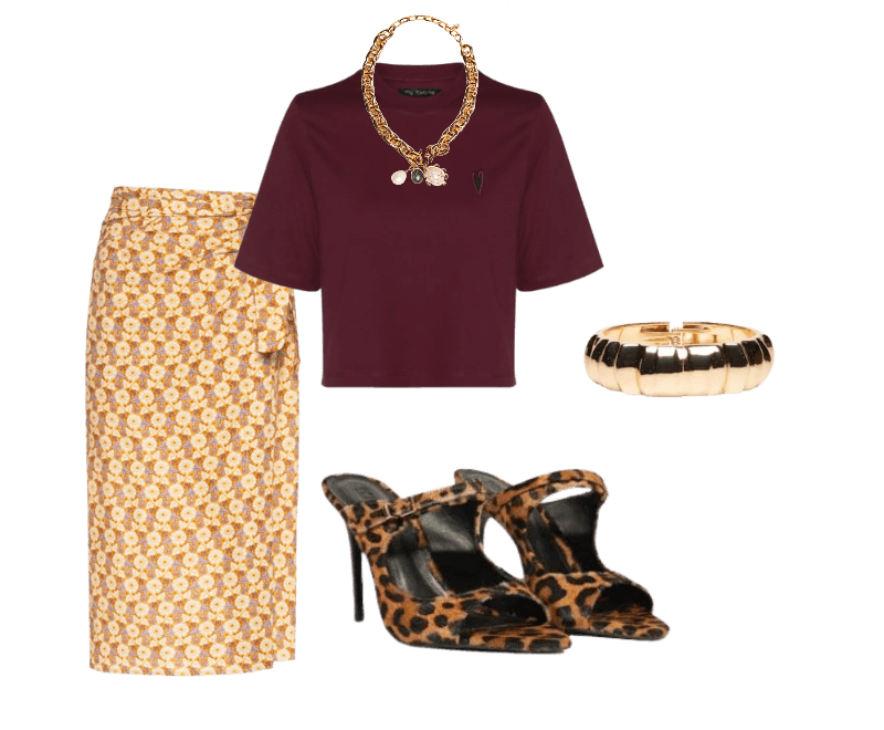 Saia Midi Estampa Cali Bege Maria Filó ; Camiseta Feminina Oversized Com Bordado Vermelho My Favorite ; Colar Feminino Maxi Corrente Com Pingentes Dourado '2Essential ; Bracelete Feminino Texturizado Dourado '2Essential ; Sandália Feminina Salto Fino Alto Couro Animal Print Schutz