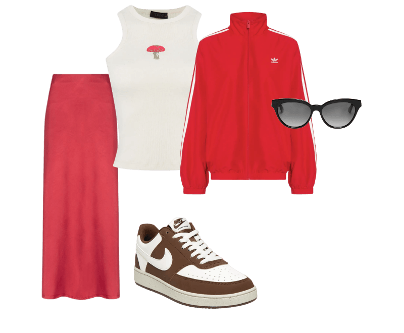 Tênis Unissex Court Vision Low Marrom Nike ; Jaqueta Feminina Adilenium Oversized Vermelho Adidas Originals ; Regata Feminina Cogumelo Off White Triya ; Saia Feminina Longa Evasê Vermelho '2Essential ; Óculos Feminino Martini Preto Helena Bordon