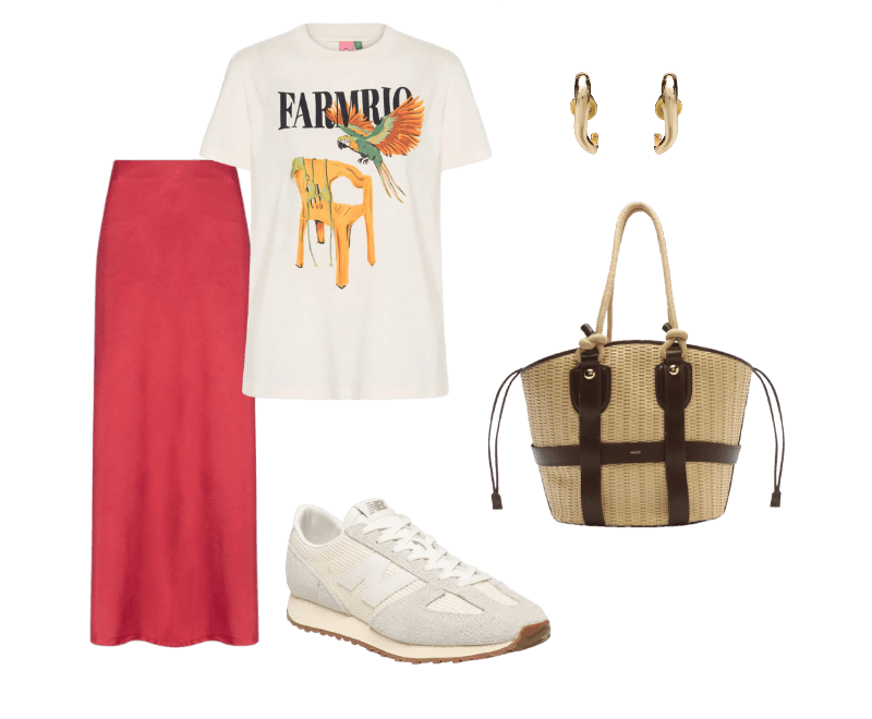 Bolsa Feminina Shopping Couro Grande Palha Bege Arezzo + Lenny Niemeyer ; Tênis Feminino 471 Off White New Balance ; Camiseta Feminina Fit Cadeira E Biquini Off White Farm ; Brinco Feminino New Organic Bold Dourado Andressa Delamuta ; Saia Feminina Longa Evasê Vermelho '2Essential