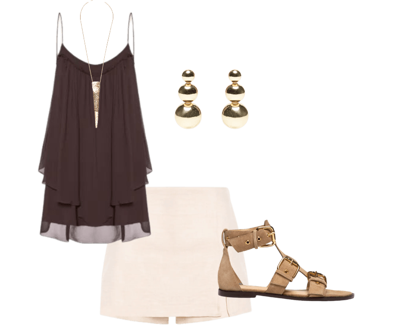 Short Saia Leve Com Fenda Bege Basiq ; Brinco Feminino Orbe Tre Dourado Andressa Delamuta ; Colar Feminino Com Pingente Texturizado Dourado Market 33 ; Sandália Rasteira Camurção Bege Luiza Barcelos ; Vestido Curto Camadas Dries Marrom Animale