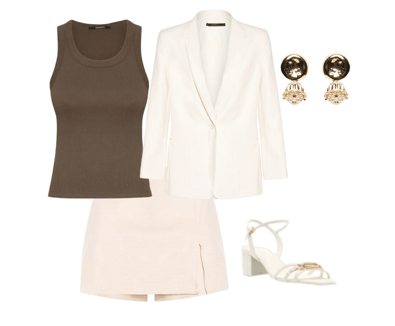 Short Saia Leve Com Fenda Bege Basiq ; Regata Feminina Básica Rib Com Elastano Marrom Cantão ; Blazer Feminino Cotton Linen Bege Animale ; Brinco Feminino Martelado Com Pérolas - Dourado ; Sandália Feminina Eco Urban Lizar - Branco