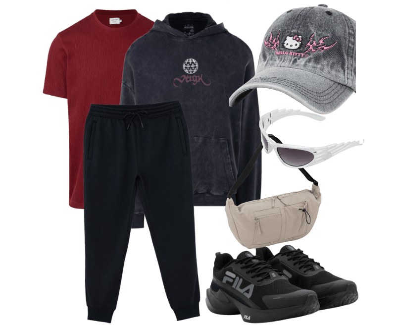 Óculos de Sol Esportivo Máscara Curvado com Lente Fumê Prata ; Boné em Sarja Estonado com Estampa da Hello Kitty Preto ; Bolsa Hobo com Alças Ajustáveis e Bolsos Bege ; Calça Esportiva Básica em Moletom com Forro Preto ; Moletom Boxy Canguru com Estampa Filho da Promessa Veigh Preto ; Camiseta Regular em Algodão Texturizado Vermelho Escuro ; Tênis Clássico em Material Sintético com Recortes Fila Preto