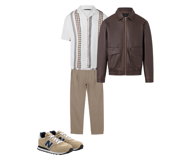 Jaqueta Em Material Sintético Com Gola Colarinho E Bolsos Grandes Marrom ; Tênis New Balance 500V2 em PU com Texturas Bege ; Calça Reta em Viscolinho Liso Cinza ; Camisa Relaxed em Viscose com Listras Geométricas Branco