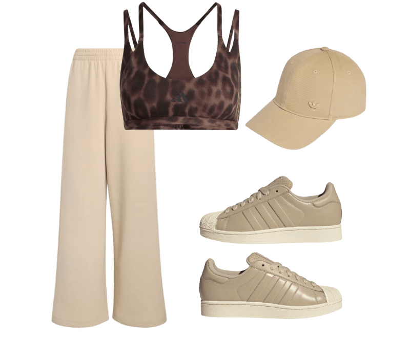 CALÇA DE MODELAGEM RETA SOFT LUX ; SUPERSTAR II BEGE ; Boné Daily Icons Com Trefoil Tonal Metálico ; Top esportivo de suporte leve Optime Leopard Strappy