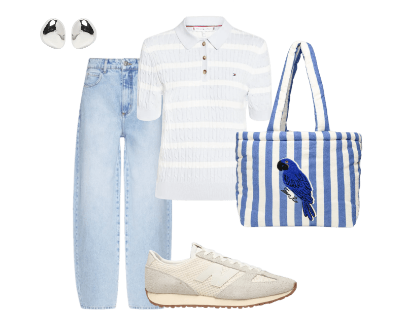 Bolsa Feminina Solzão Arara Listrado Azul Farm Etc ; Brinco Feminino Dominique Prateado Erre ; Tênis Feminino 471 Off White New Balance ; Polo Feminina Sweater Azul Tommy Hilfiger ; Calça Feminina Jeans Joana Barril Azul Colcci