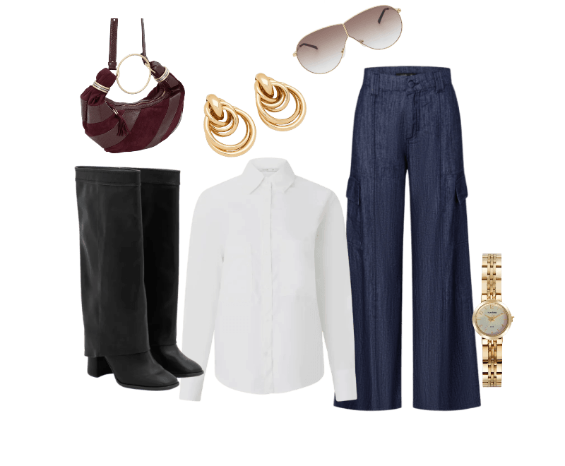 Bota Cano Alto em PU com Pala Sobreposta Preto ; Calça Wide Leg em Jeans com Cintura Média e Bolsos Cargo Azul Escuro ; Camisa Manga Longa em Algodão com Bolsos Frontais ; Brinco Médio em Metal com Design de Nó Duplo ; Relógio Analógico Mondaine Aço Modelo 32732LPMVDE1KB ; Óculos de Sol Máscara com Detalhe na Ponte e Lente Degradê ; Bolsa Média em Suede com Alça Argola e Recortes Contrastantes