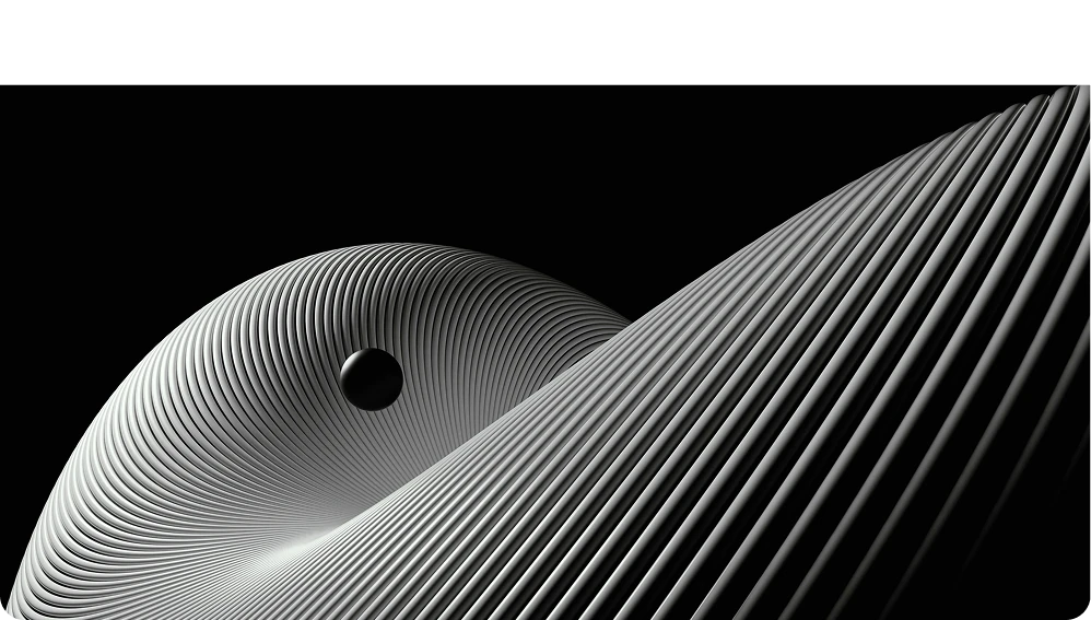 A monochrome abstract 3D shape composed of curved wave-like lines forming a spherical structure on a black background.