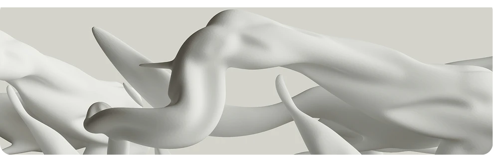Minimalist white 3D sculpture with smooth, twisting shapes on a neutral background, used as a modern visual accent.
