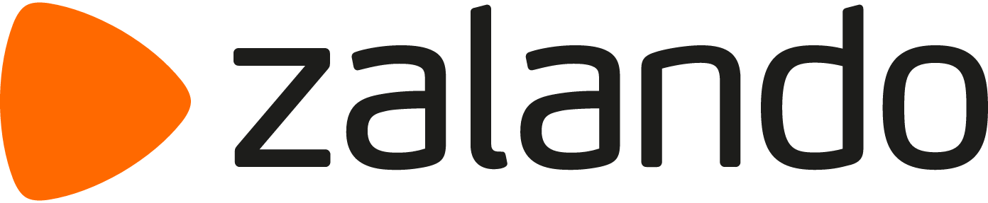 Zalando brand logo with orange triangular play button symbol to the left of the word 'zalando'.