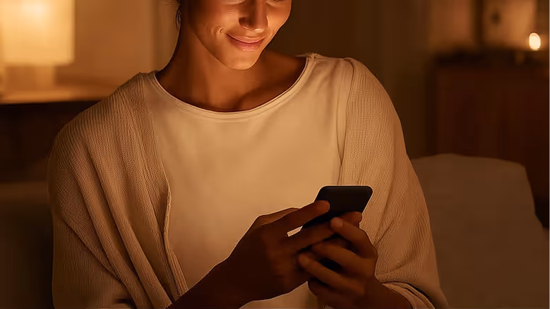 Woman looking at her smartphone in a candle lit room