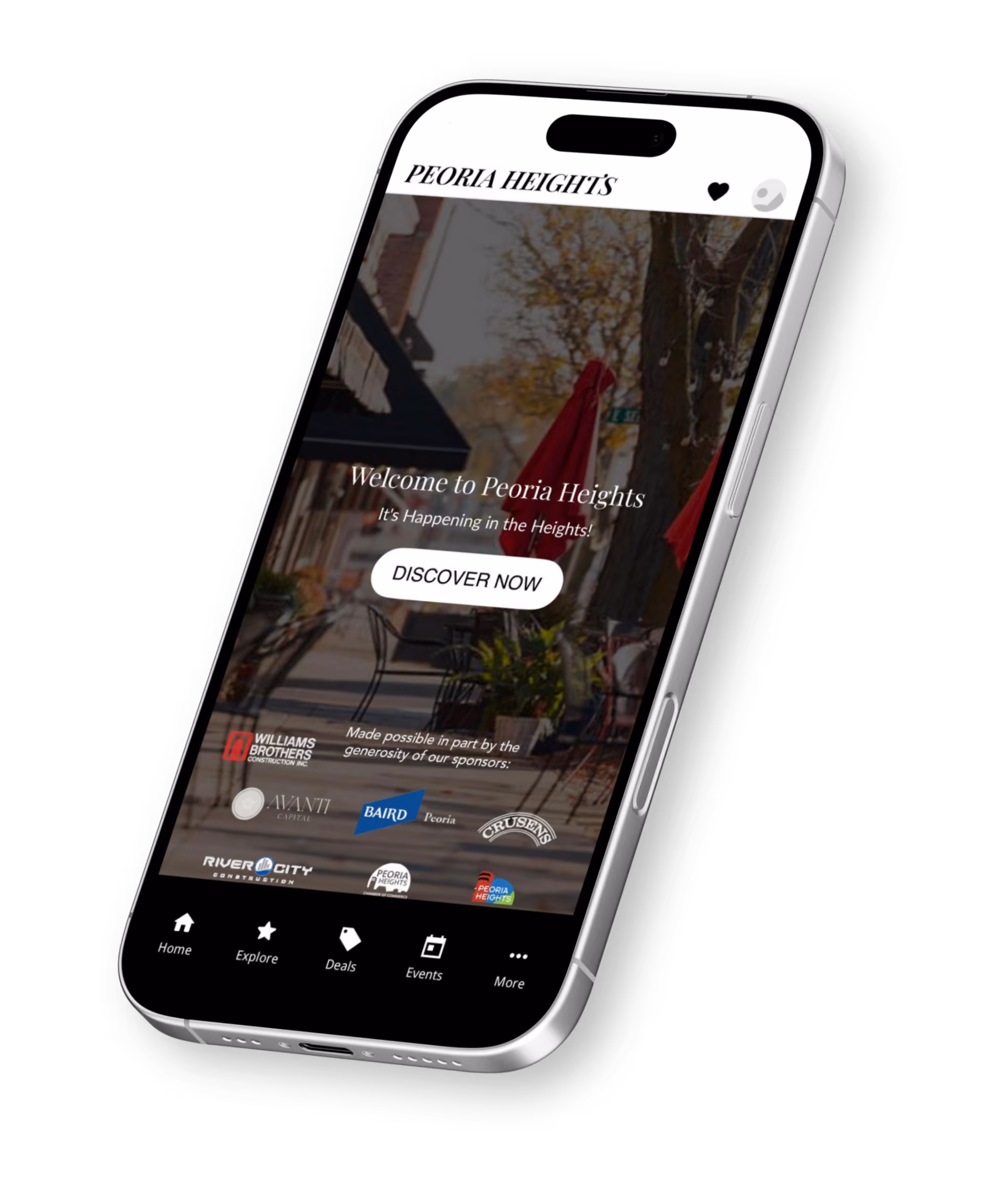 A mobile phone has the Peoria Heights Chamber app open.