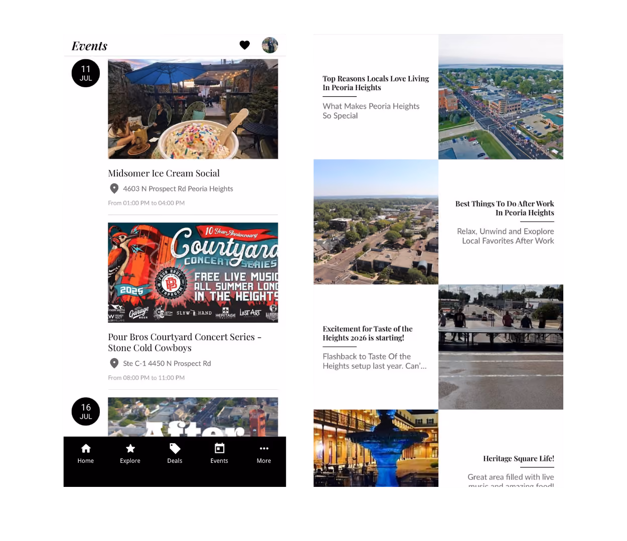 Two images preview different pages in the Chamber app. The first is a list view of upcoming events in the Peoria Heights community. The second shows a list view of different guides for things to do around Peoria Heights.
