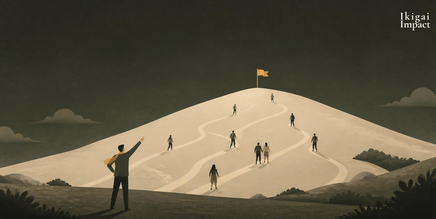 Illustration of a leader at the foot of a hill pointing up to a flag at the top, while team members climb by their own paths