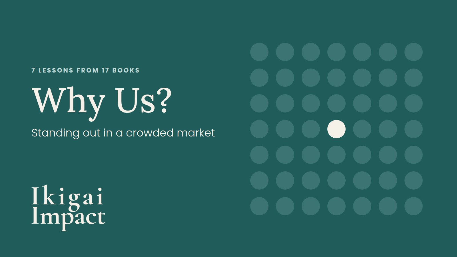 Why Us? Standing out in a crowded market, with one cream dot standing out in a grid of teal dots