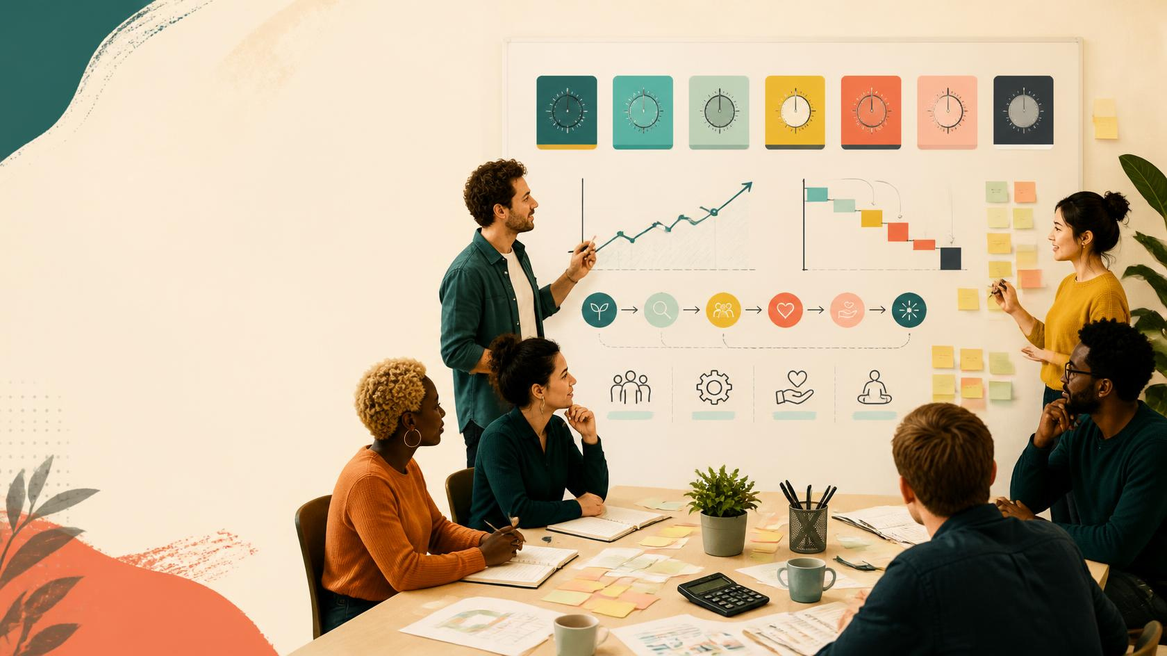 A leadership team around a whiteboard of seven coloured levers, a rising cash chart and sticky notes, working out where to find cash