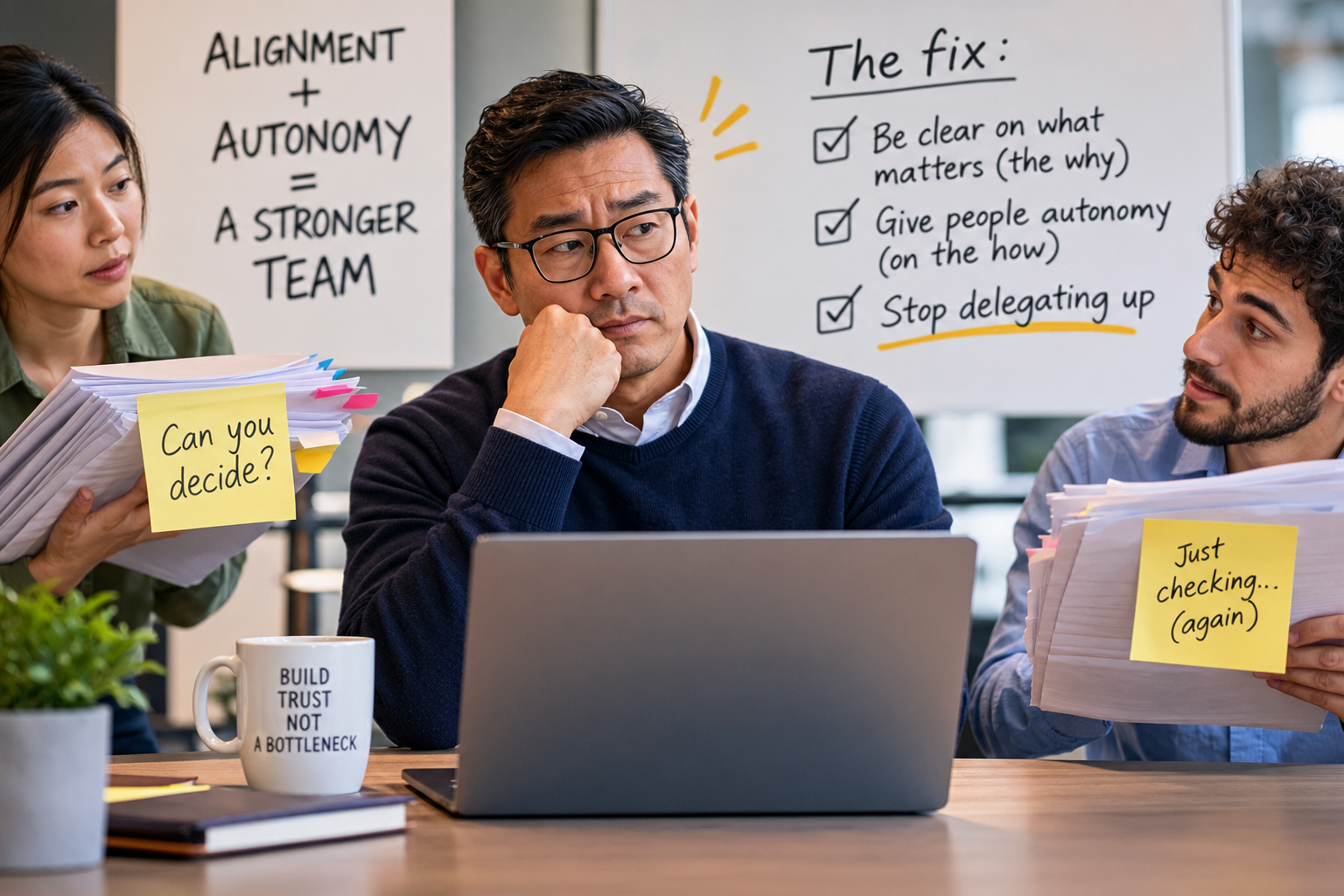 A CEO at his laptop while two team members hand him stacks of paper marked Can you decide and Just checking (again), under a whiteboard that says stop delegating up