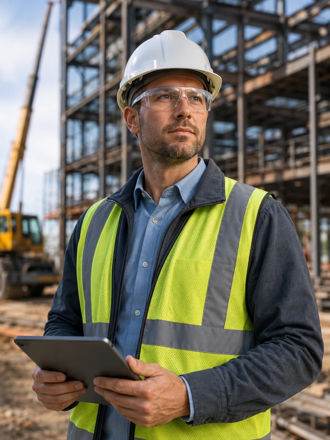 Construction project leader with a tablet on an active mission-critical jobsite
