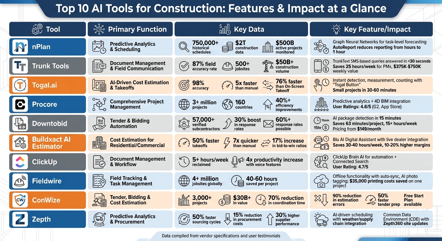 Top 10 AI Construction Tools Comparison: Features, Benefits & Key Metrics