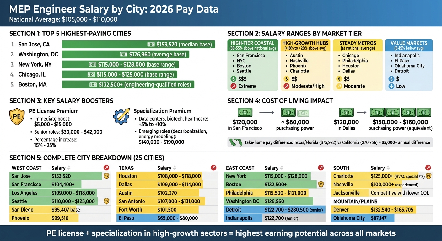 MEP Engineer Salaries by City 2026: Top 25 Markets Compared