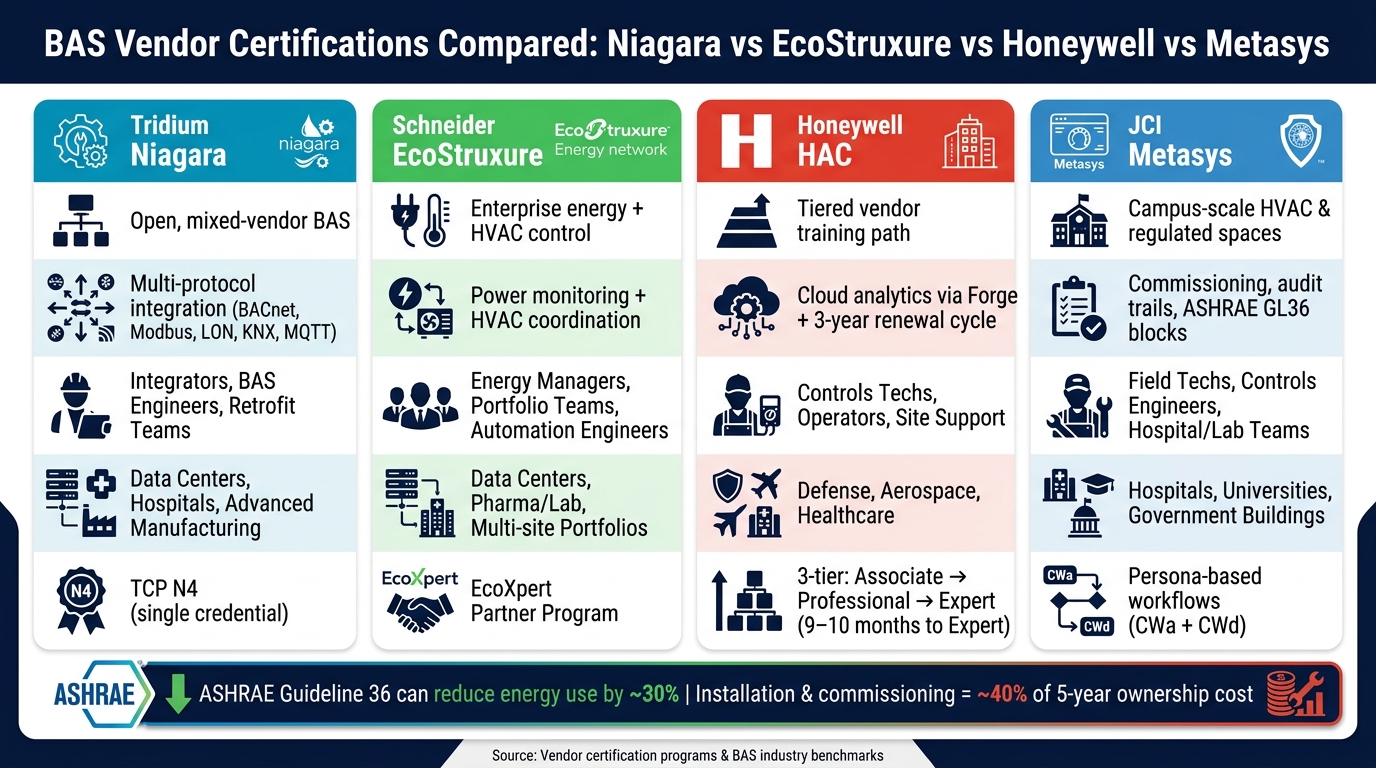 BAS Vendor Certifications Compared: Niagara vs EcoStruxure vs Honeywell vs Metasys