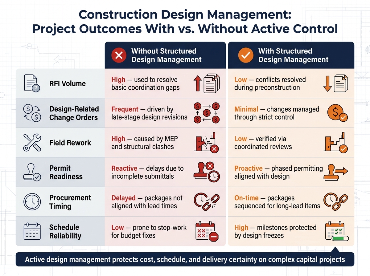 Construction Design Management: Project Outcomes With vs. Without Active Control
