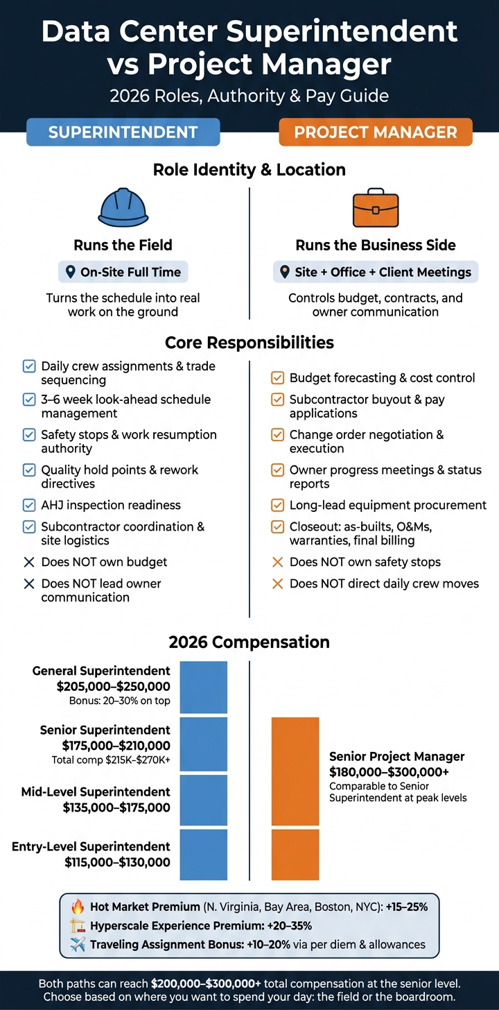 Data Center Superintendent vs Project Manager: 2026 Roles & Pay