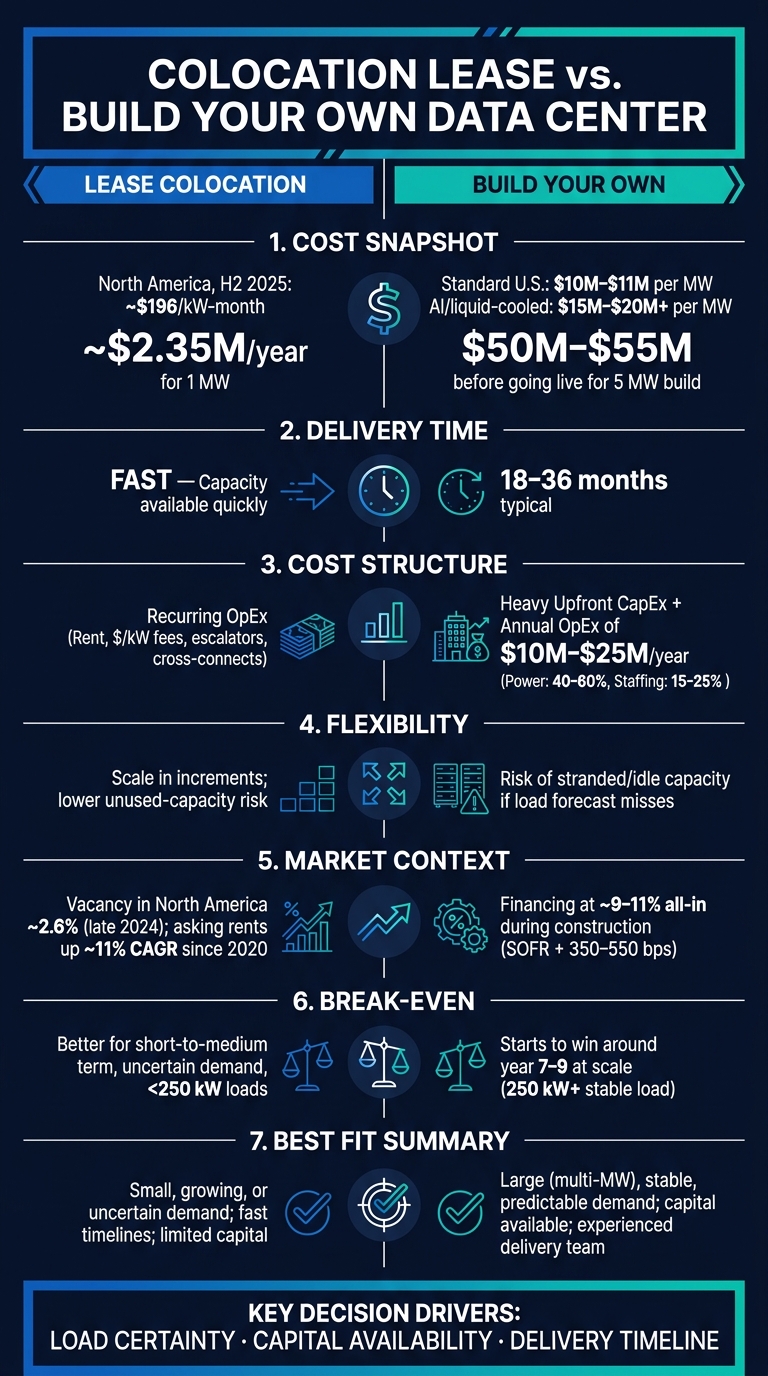 Colocation Lease vs. Build Your Own Data Center: Cost & Key Metrics Compared
