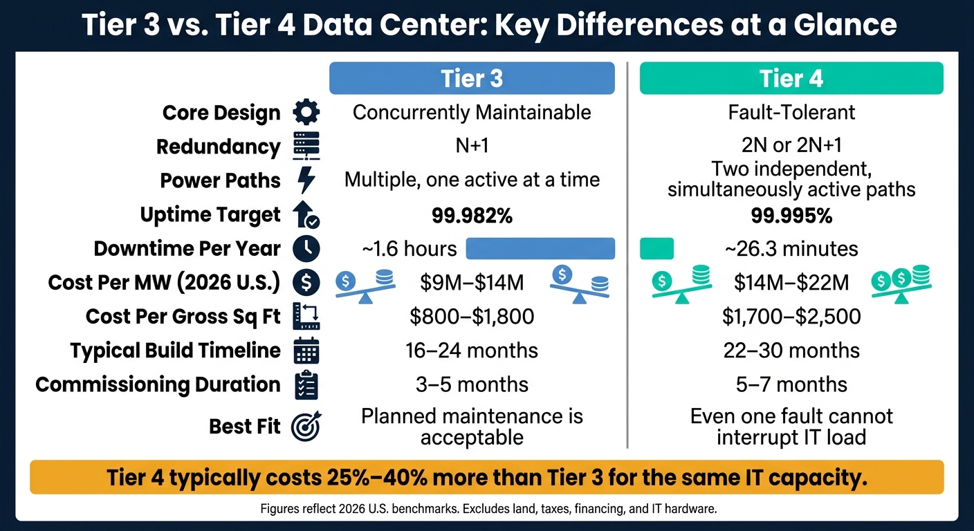 Tier 3 vs Tier 4 Data Center: Cost, Uptime & Build Time Compared