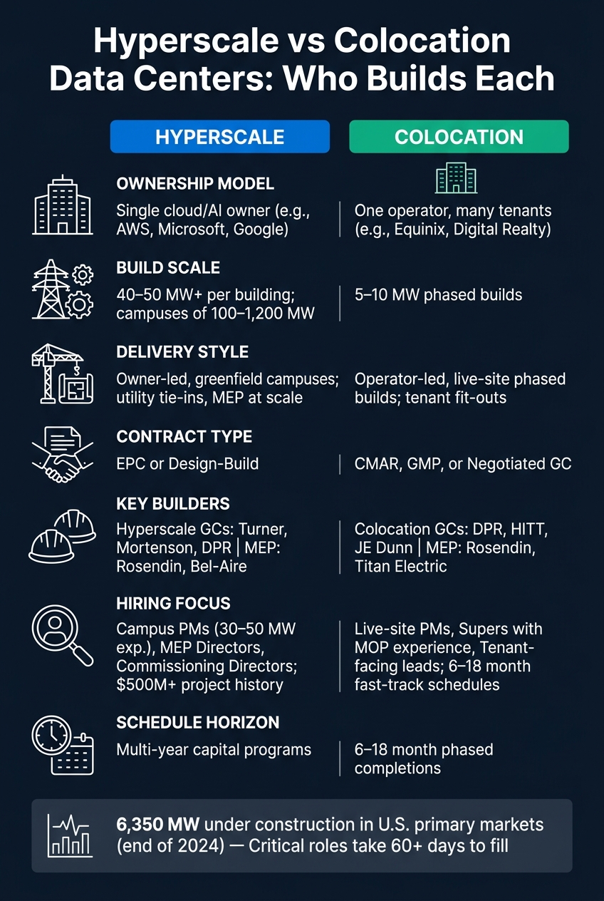 Hyperscale vs Colocation Data Centers: Builder Stack & Hiring Guide