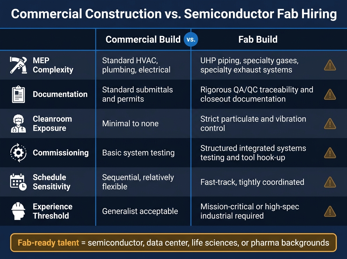 Commercial Construction vs. Semiconductor Fab Hiring: Key Differences