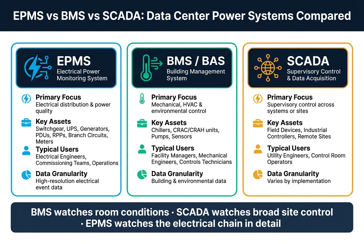 EPMS vs BMS vs SCADA: Data Center Power Systems Compared