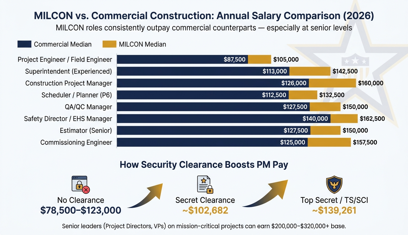 MILCON vs Commercial Construction Pay by Role (2026)