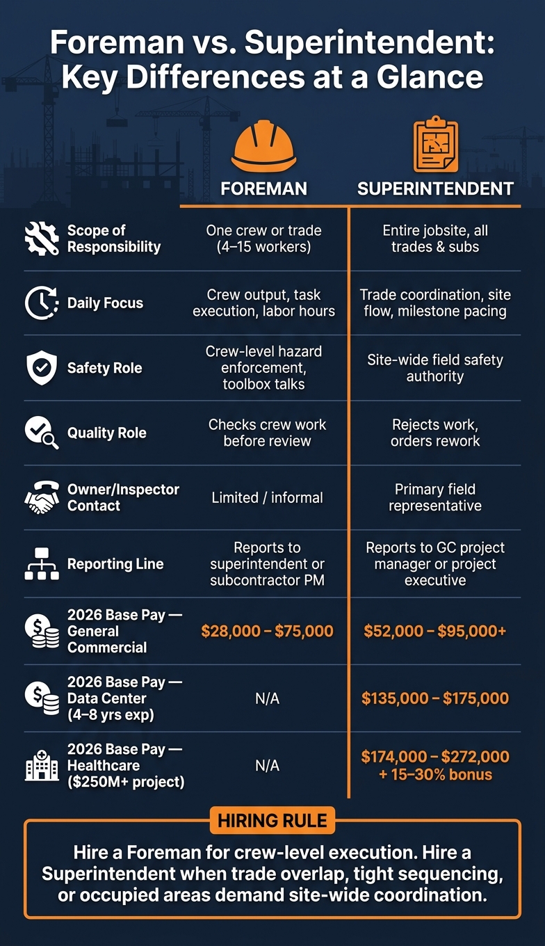 Foreman vs Superintendent: Roles, Authority & 2026 Pay Compared