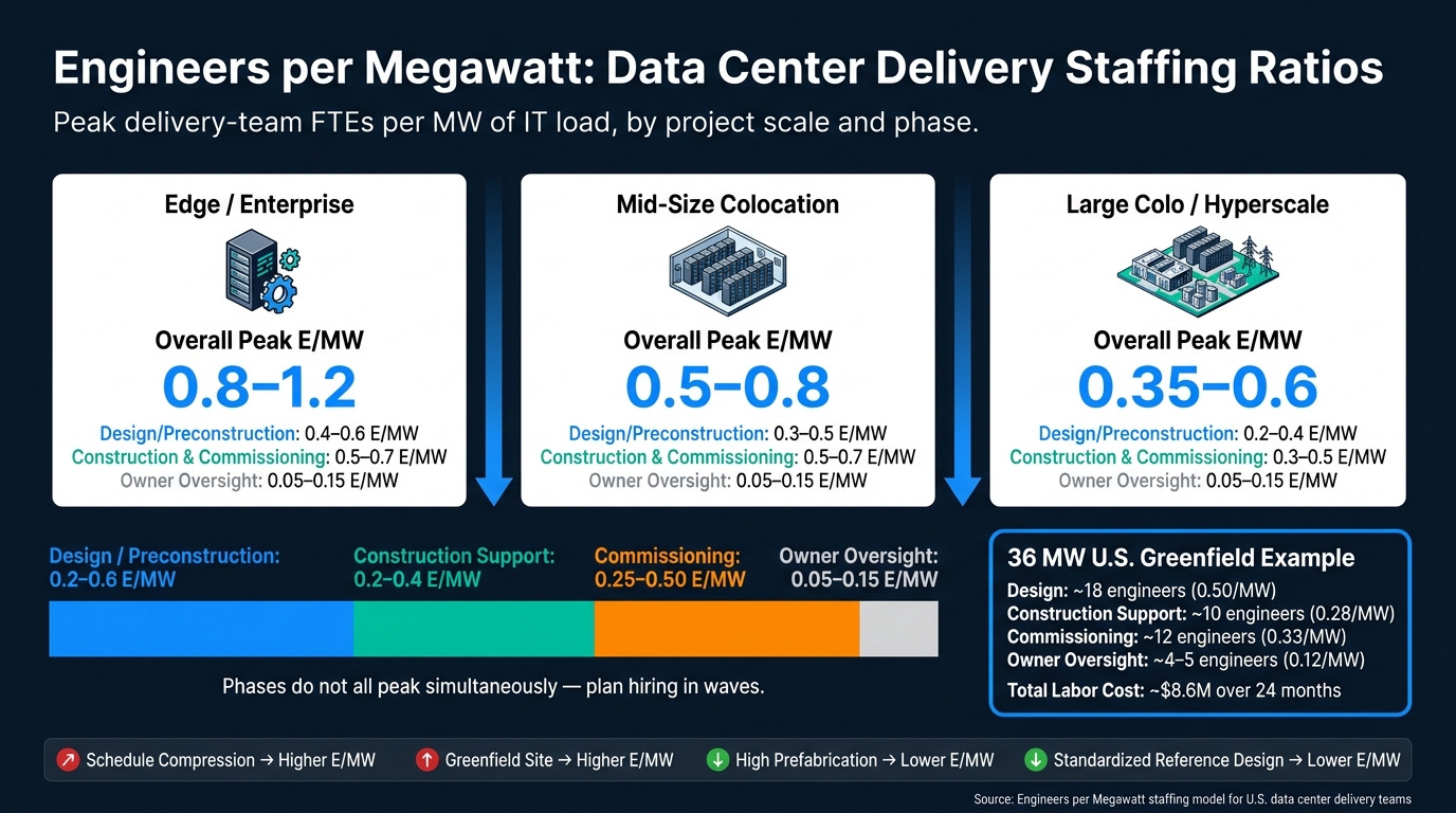 Data Center Delivery Staffing Ratios by Project Scale (Engineers per MW)