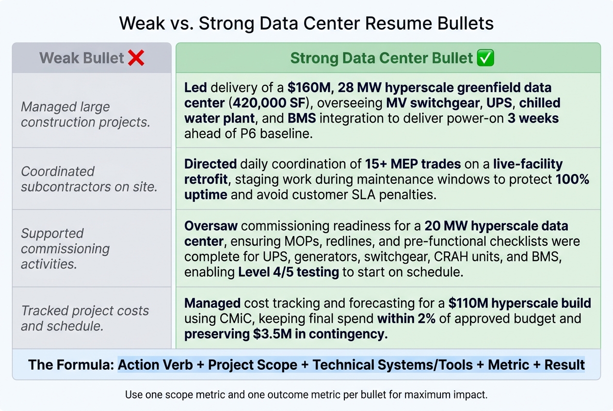 Weak vs. Strong Data Center Construction Manager Resume Bullets