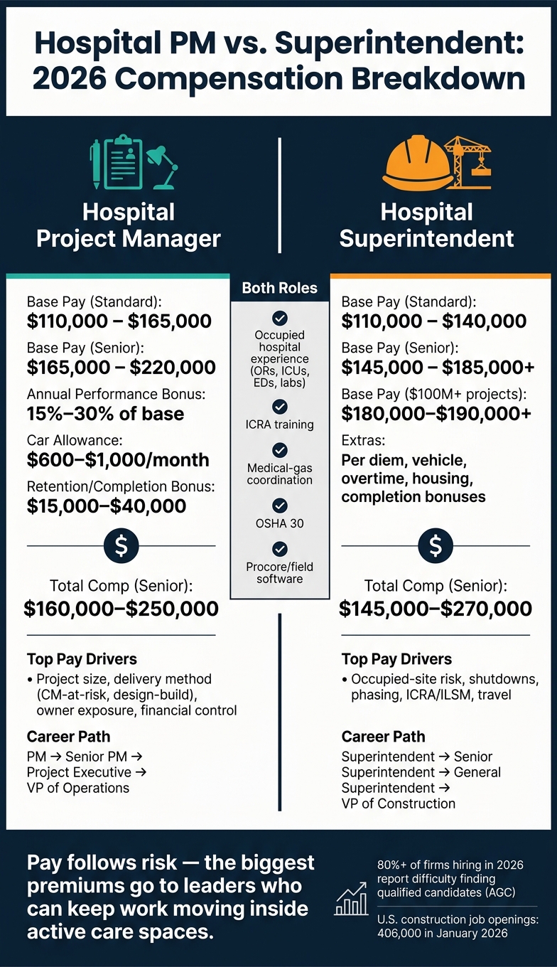 Hospital PM vs. Superintendent Pay 2026: Full Compensation Breakdown