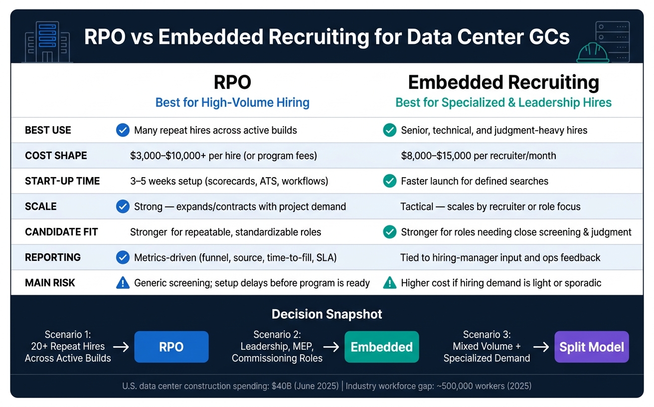 RPO vs Embedded Recruiting for Data Center GCs: Cost, Speed & Fit