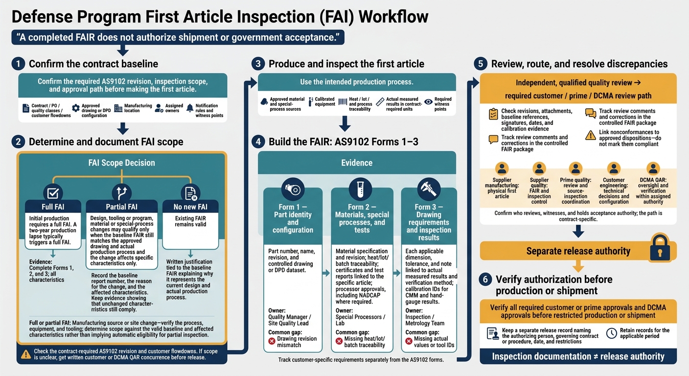 Defense FAI Workflow: AS9102 Documentation to Authorized Release