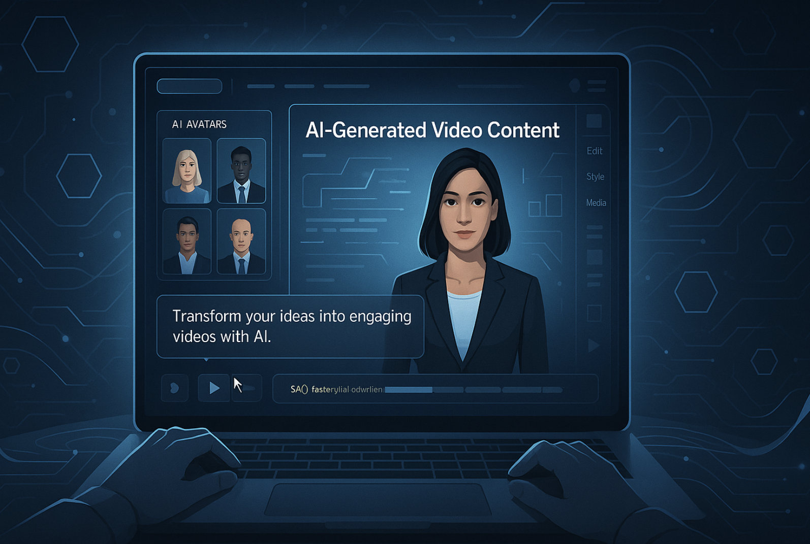 Synthesia AI video creation interface showing avatar customization and video editing