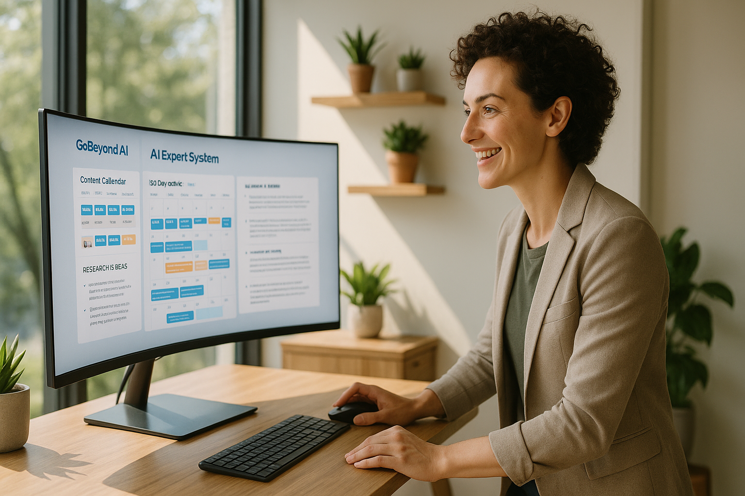 Confident content strategist reviewing organized social media content calendar on curved monitor in modern creative workspace with natural lighting, showing systematic content creation success