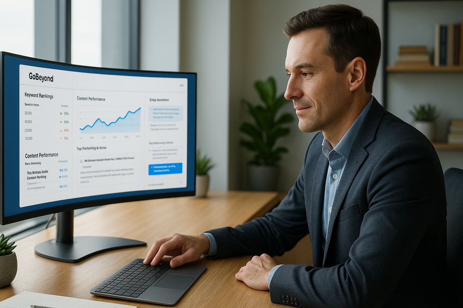 Professional content marketer analyzing SEO-optimized blog performance and keyword rankings on large display in bright modern office, demonstrating content marketing mastery