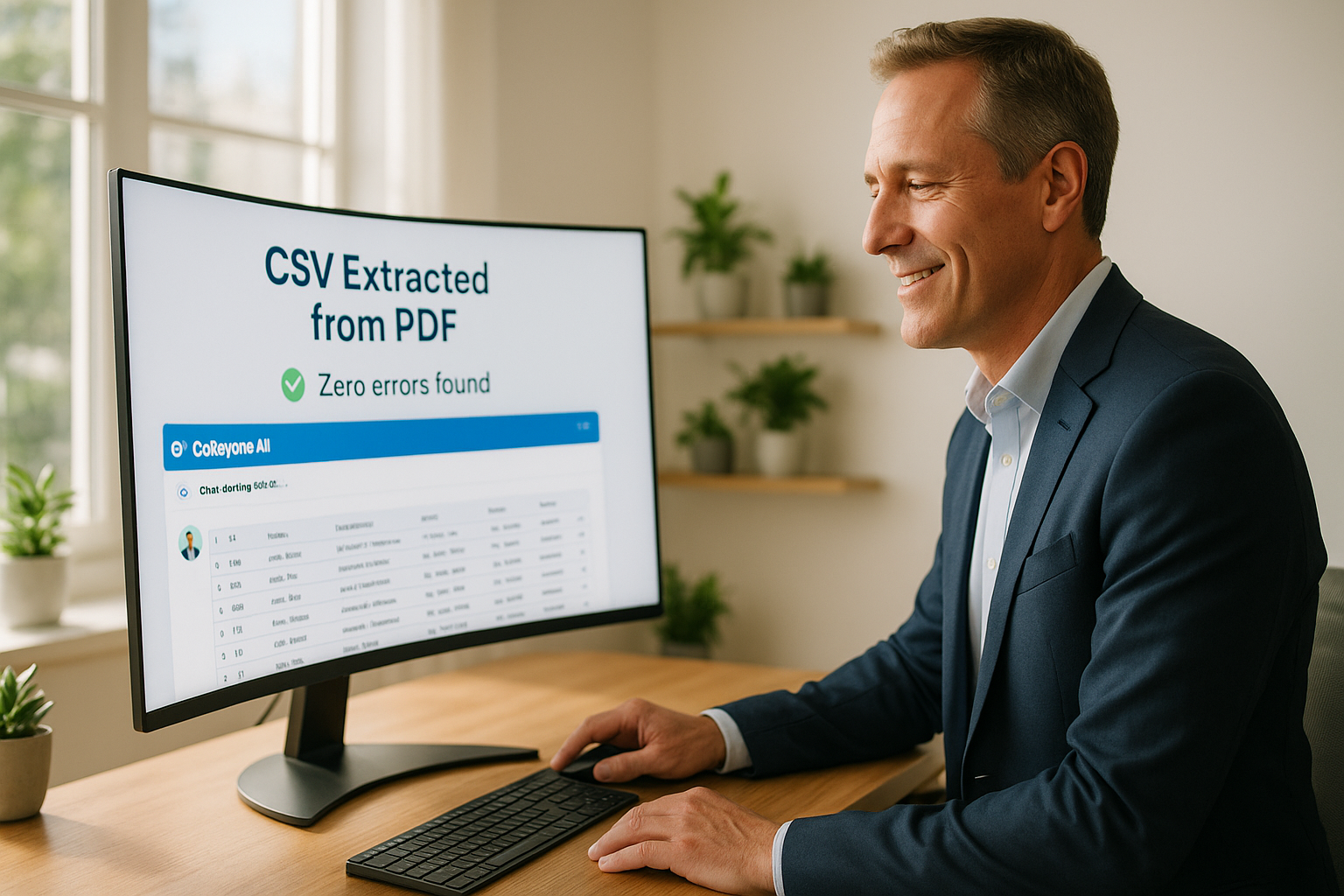 Satisfied data analyst reviewing perfectly extracted CSV spreadsheet data from PDF documents on curved monitor in organized modern office with natural lighting